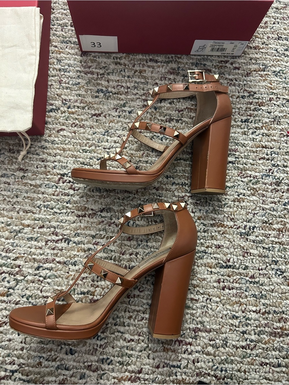 Valentino Garavani Brown Studded Leather Block Heel Sandals